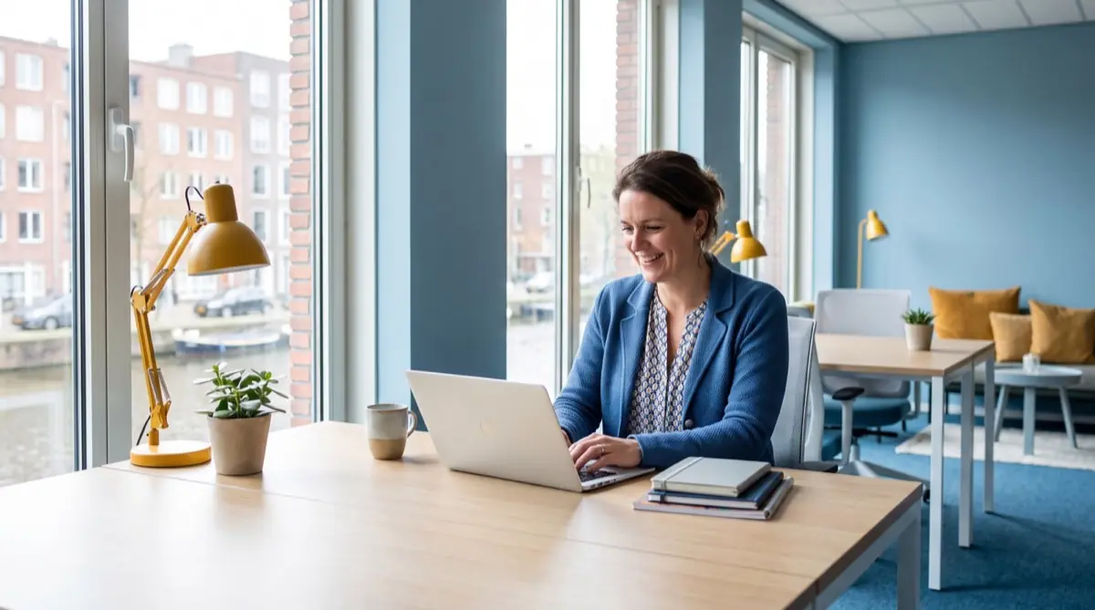 Administratief medewerker werkt aan een opgeruimd bureau in een licht kantoor