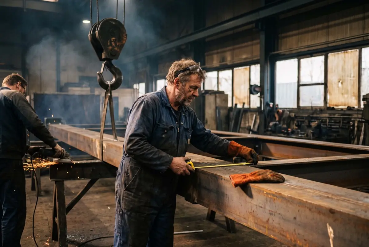 Constructiebankwerker meet en stelt een staalconstructie samen
