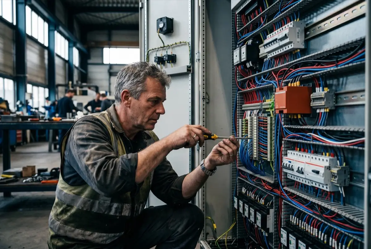 Elektromonteur bedraadt een industriële schakelkast