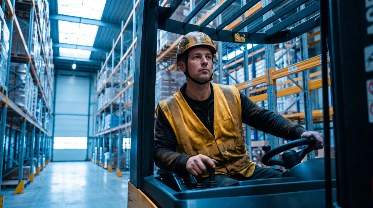 Heftruckchauffeur met veiligheidshesje in een modern magazijn