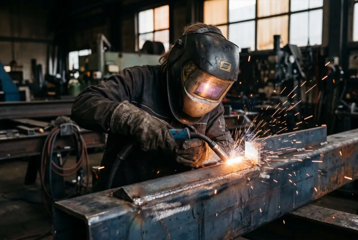 MIG/MAG lasser aan het werk aan een stalen constructie