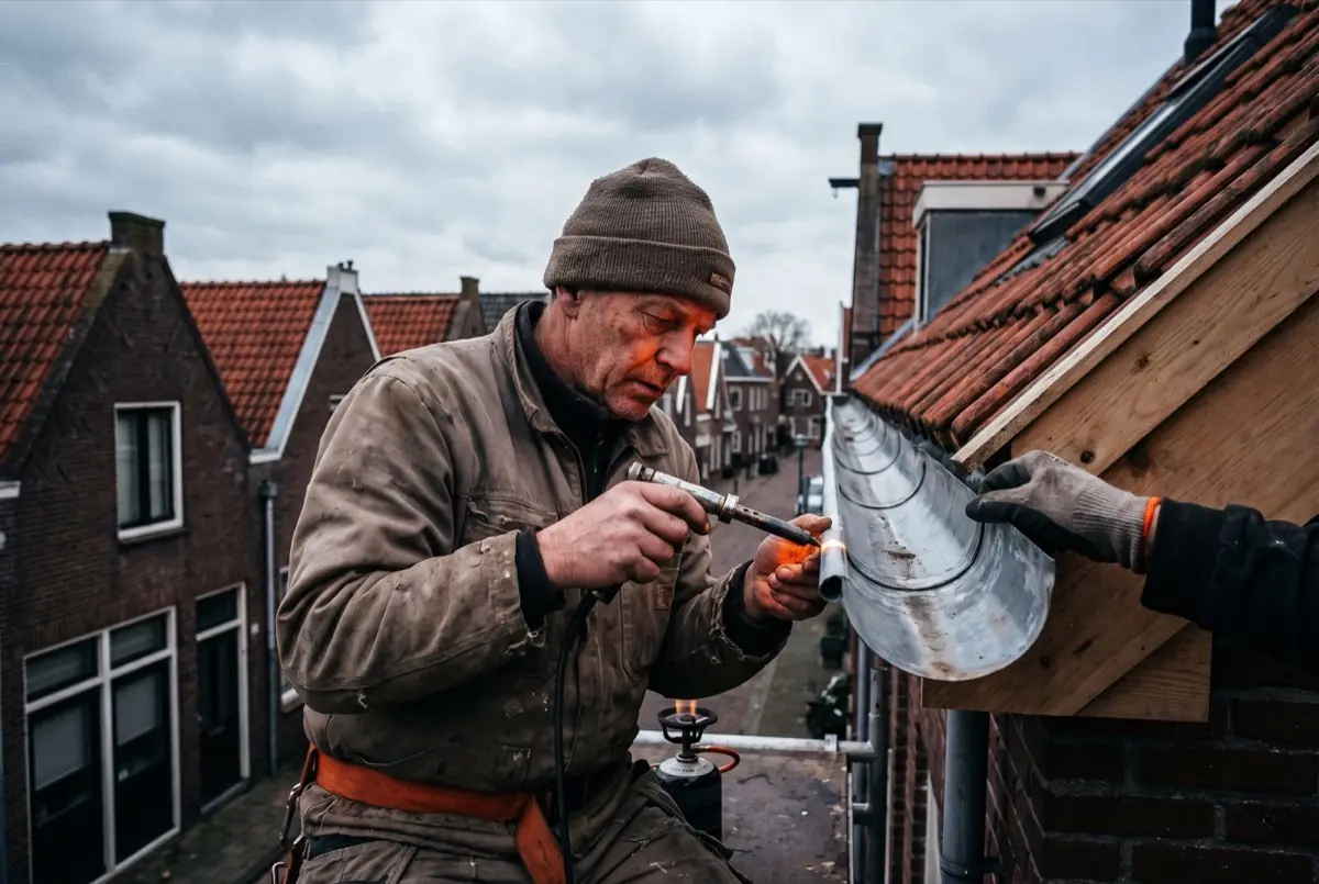 Loodgieter voert zinkwerk uit op een dak