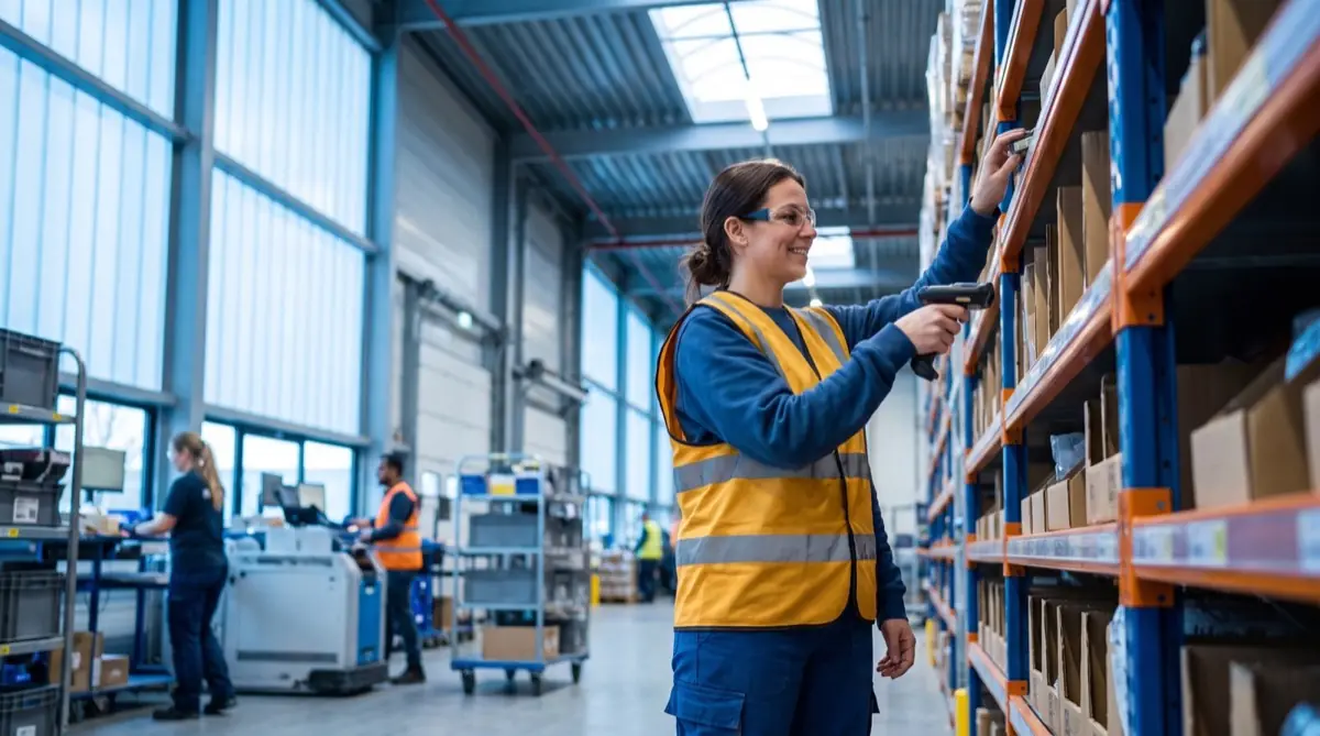 Orderpicker verzamelt artikelen met een handscanner tussen de stellingen