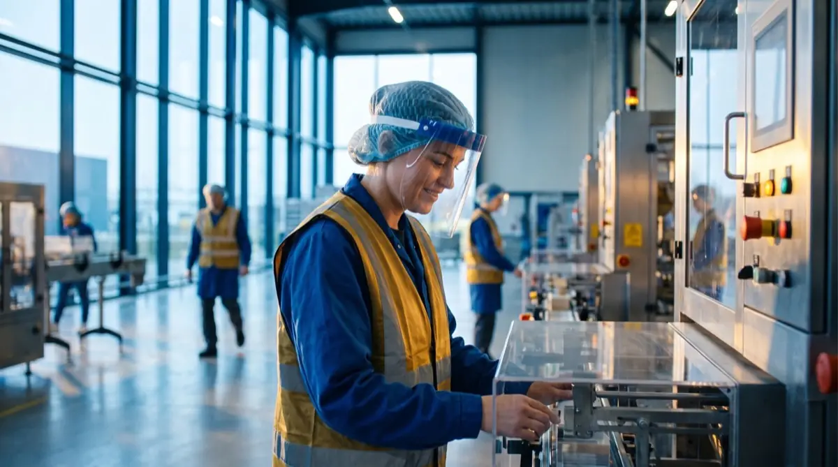 Productiemedewerker bedient een verpakkingslijn in een fabriekshal
