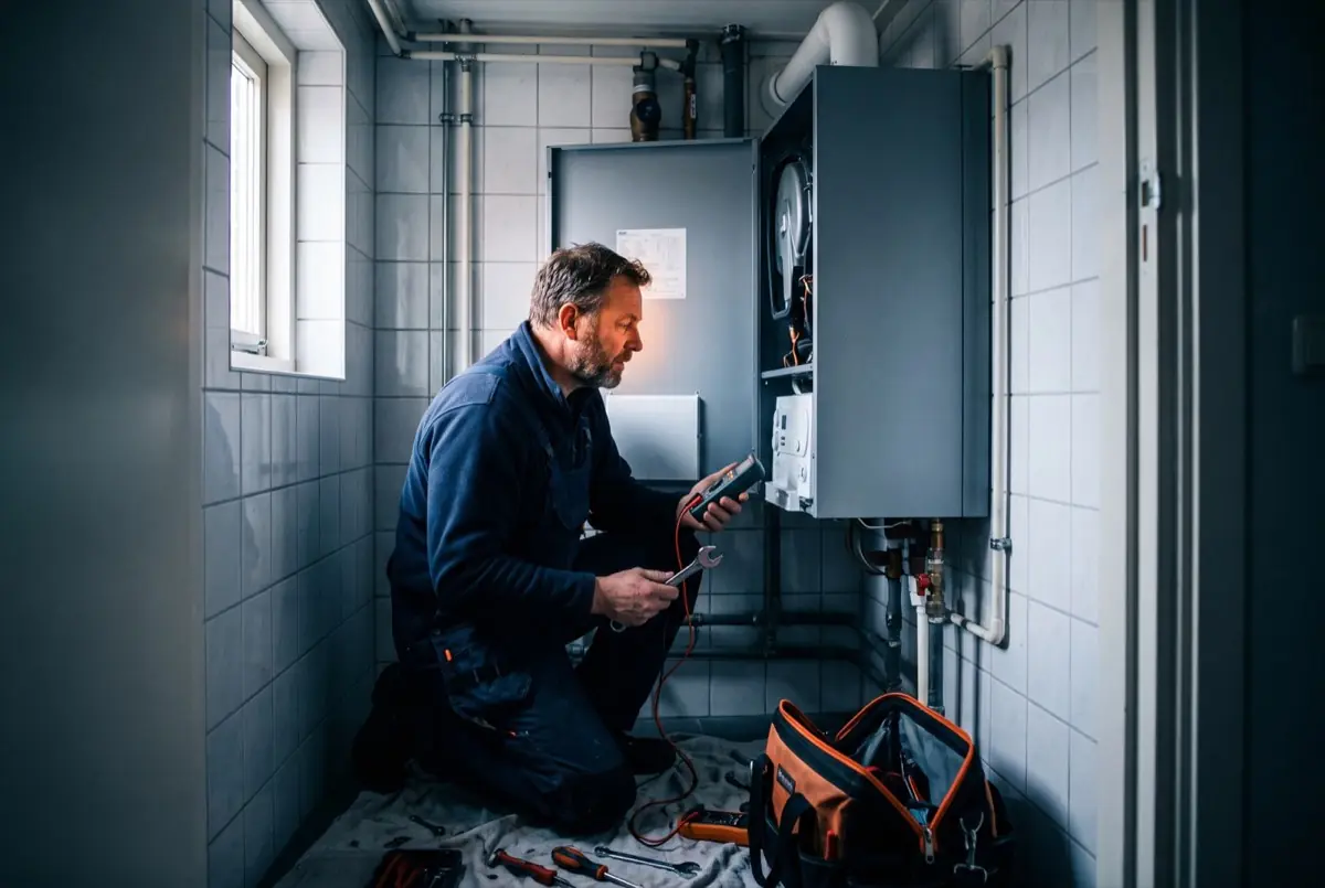 Servicemonteur onderhoudt een cv-installatie